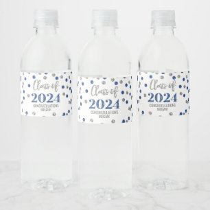 Étiquette Pour Bouteilles D'eau Bleu Parties scintillant Argent Confetti Graduatio