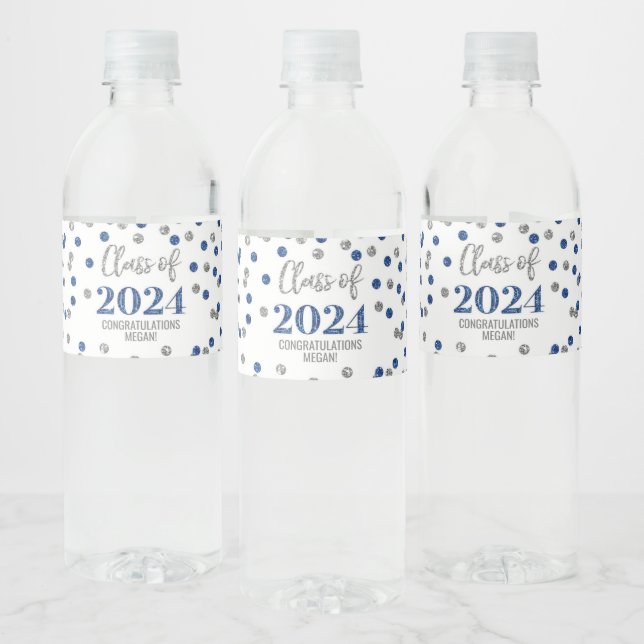 Étiquette Pour Bouteilles D'eau Bleu Parties scintillant Argent Confetti Graduatio (Bouteilles)