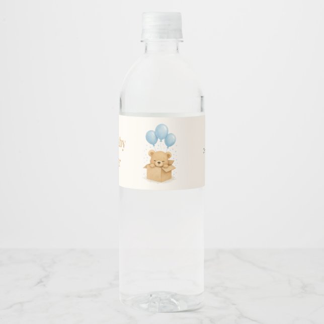 Étiquette Pour Bouteilles D'eau Blue Balloon Bear Boy Baby Shower (Devant)