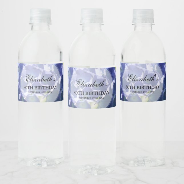 Étiquette Pour Bouteilles D'eau Blue Hydrangeas fête du 80e anniversaire (Bouteilles)