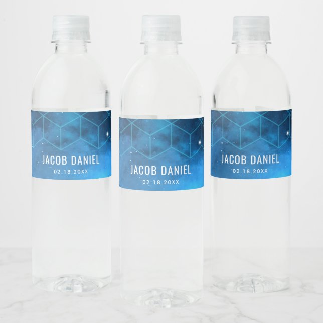 Étiquette Pour Bouteilles D'eau Blue Space Galaxy Bar Mitzvah Personnalisé (Bouteilles)
