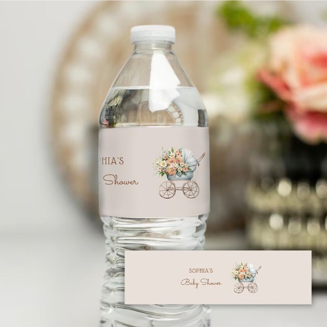 Étiquette Pour Bouteilles D'eau Boho Floral Baby Carriage Baby shower (Créateur téléchargé)