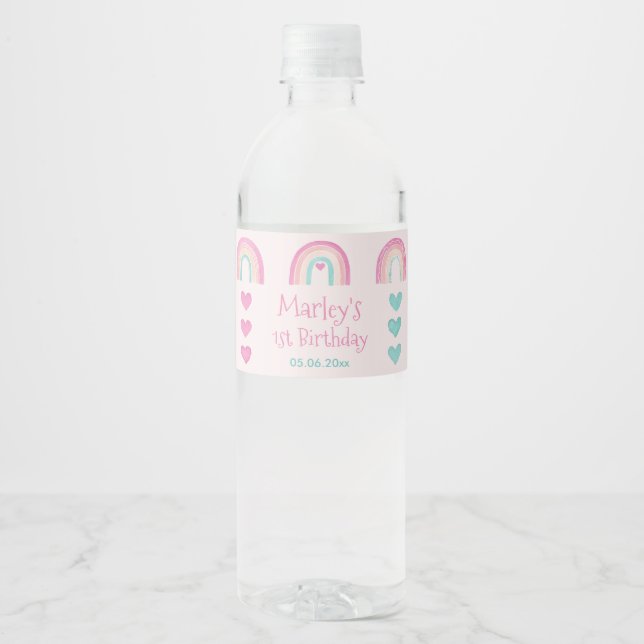 Étiquette Pour Bouteilles D'eau Boho Rainbows Coeurs 1ère fête d'anniversaire (Devant)