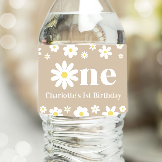 Étiquette Pour Bouteilles D'eau Boho Retro Daisy 1er anniversaire (Créateur téléchargé)