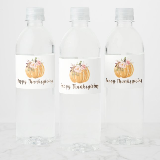 Étiquette Pour Bouteilles D'eau Bon thanksgiving | Citrouille floral (Bouteilles)