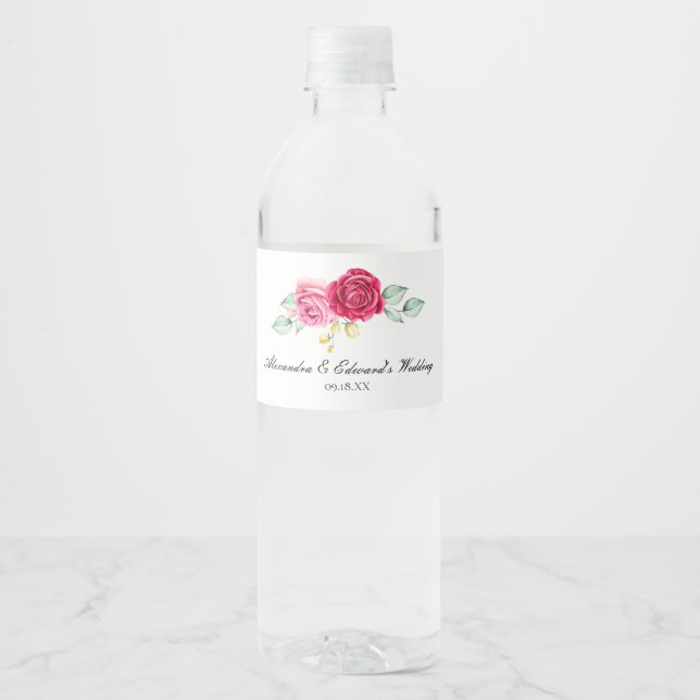 Étiquette Pour Bouteilles D'eau Botanique de rose rouge et rose (Devant)