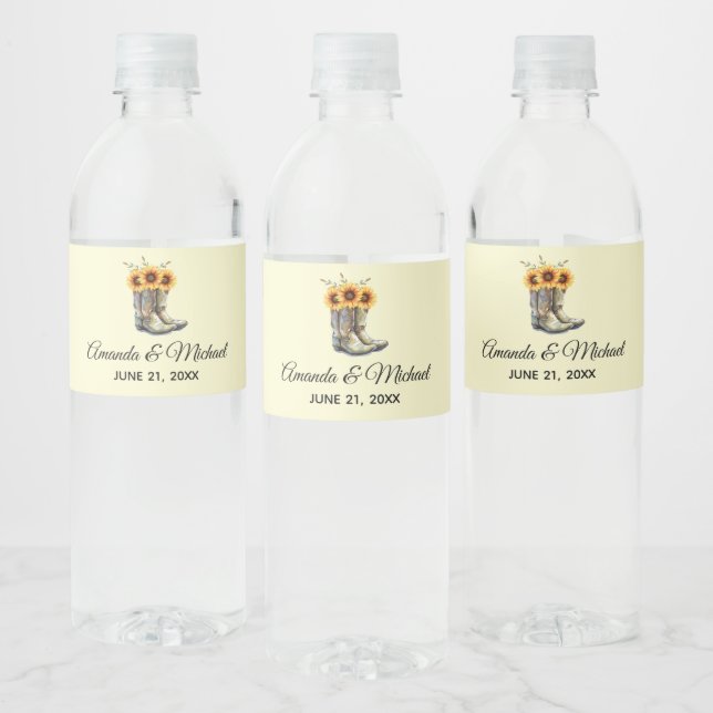 Étiquette Pour Bouteilles D'eau Bottes rustiques Cowboy avec Mariage Sunflower (Bouteilles)