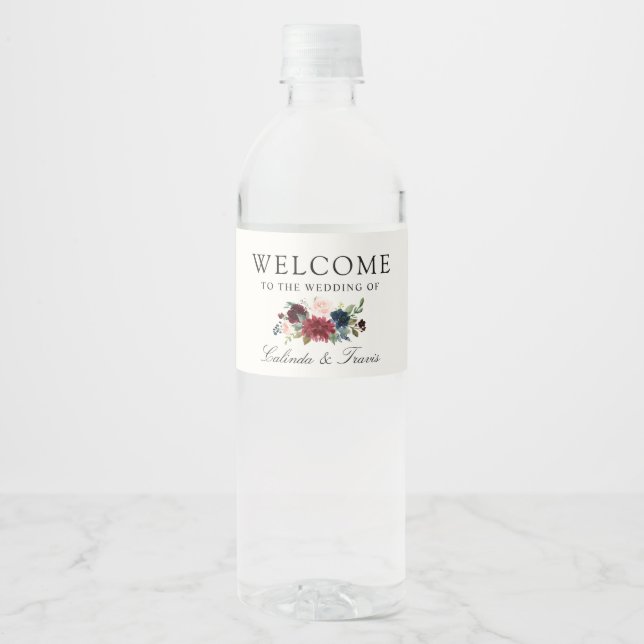 Étiquette Pour Bouteilles D'eau Bouquet Bourgogne | Floral | (Devant)