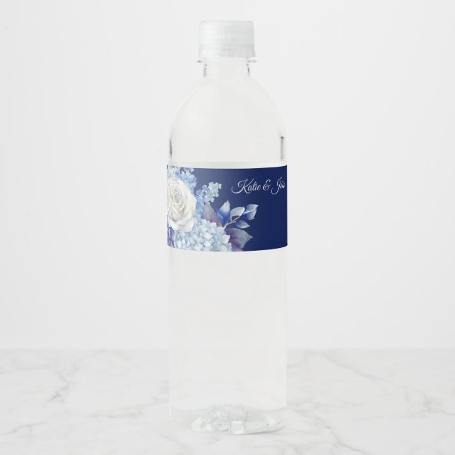 Étiquette Pour Bouteilles D'eau Bouquet de fleurs bleu aquarelle-Mariage (Devant)