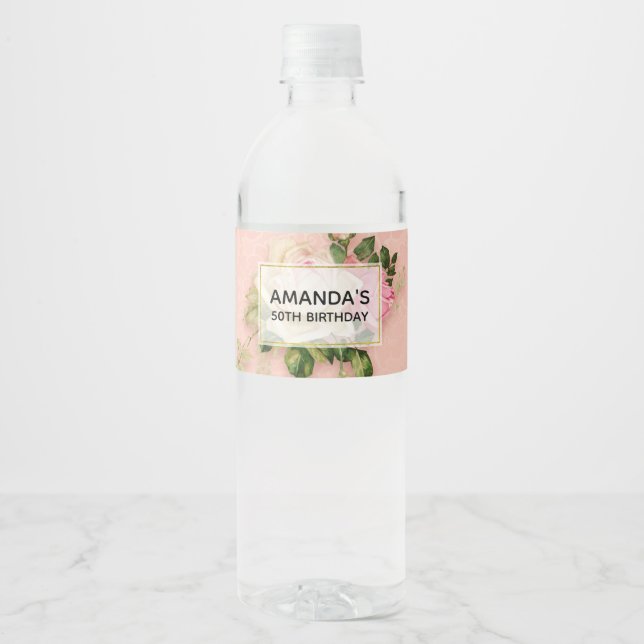 Étiquette Pour Bouteilles D'eau Bouquet Rose & Rose Blanc Anniversaire (Devant)