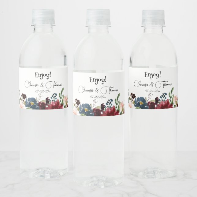 Étiquette Pour Bouteilles D'eau Bourgogne et bleu Mariage anglais Fleurs (Bouteilles)
