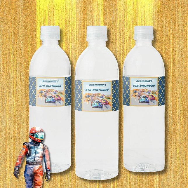 Étiquette Pour Bouteilles D'eau Boy Auto Racing Thème 5ème anniversaire (Créateur téléchargé)