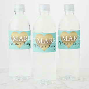 Étiquette Pour Bouteilles D'eau BRIDE Gold Heart Turquoise Blue Party