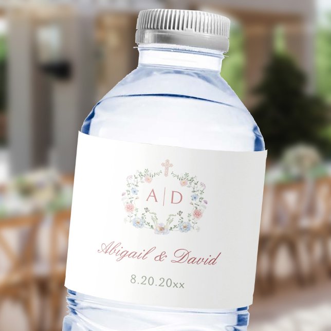 Étiquette Pour Bouteilles D'eau Cadre floral Monogrammes Mariages religieux (Créateur téléchargé)
