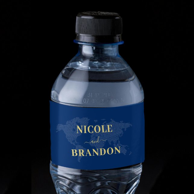 Étiquette Pour Bouteilles D'eau Carte du monde bleu Destination Mariage (Blue World Map Destination Wedding Water Bottle Label)