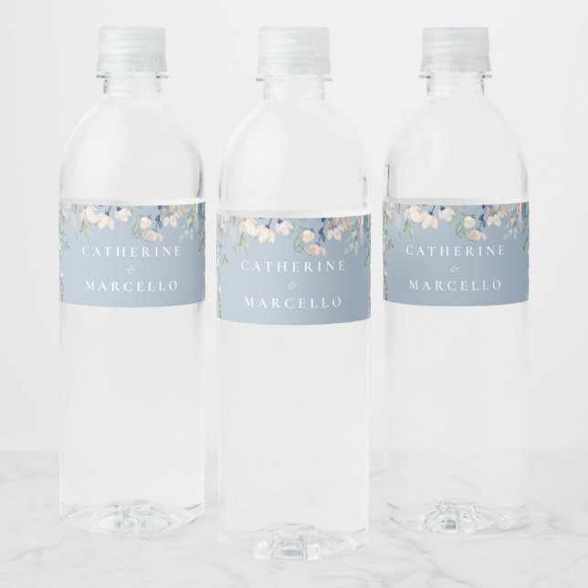 Étiquette Pour Bouteilles D'eau Cascade Florale fleur sauvage Dusty Blue Mariage (Bouteilles)
