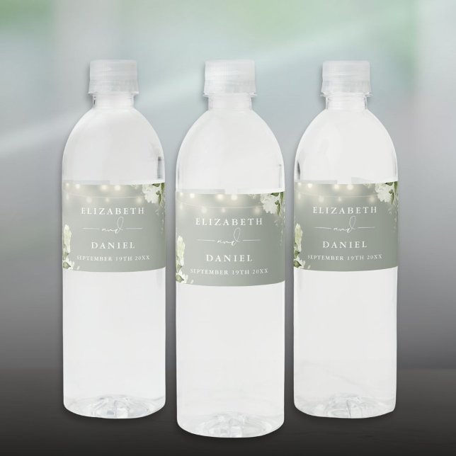 Étiquette Pour Bouteilles D'eau Chaîne Lumières Verdure Floral Sage Vert Mariage (String Lights Greenery Floral Sage Green Wedding Water Bottle Label)