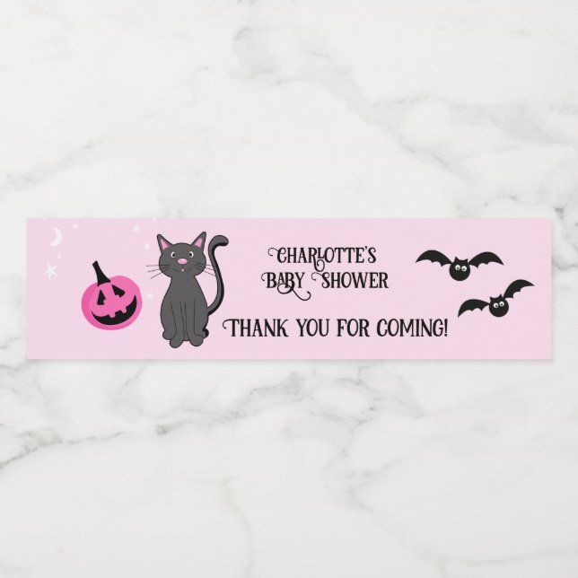 Étiquette Pour Bouteilles D'eau Chat noir Halloween rose fille Baby shower Favoris (Étiquettes simples)