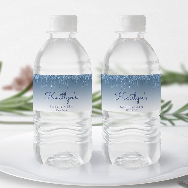 Étiquette Pour Bouteilles D'eau Chic Bleu Parties scintillant Drip Sweet 16 Party (Créateur téléchargé)