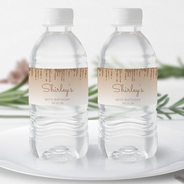 Étiquette Pour Bouteilles D'eau Chic Gold Parties scintillant Drip 90th Birthday P (Créateur téléchargé)