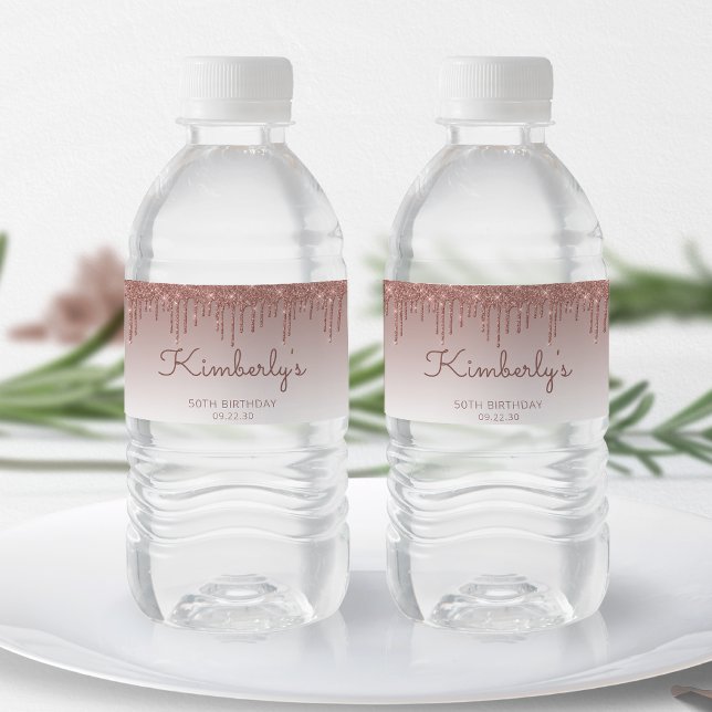 Étiquette Pour Bouteilles D'eau Chic Rose Gold Parties scintillant Drip 50th Birth (Créateur téléchargé)