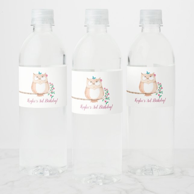 Étiquette Pour Bouteilles D'eau Chouette aux fleurs Anniversaire (Bouteilles)