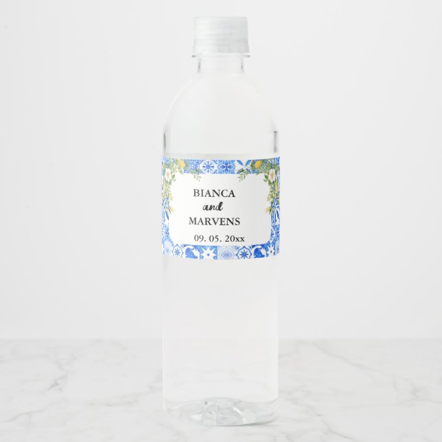 Étiquette Pour Bouteilles D'eau Citron bleu carrelage méditerranéen italien Mariag (Devant)