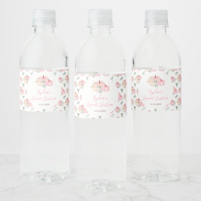 Étiquette Pour Bouteilles D'eau Citrouille rose Sweet sixteen floral (Bouteilles)
