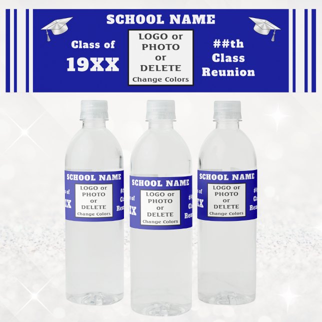 Étiquette Pour Bouteilles D'eau Classe Réunion Bouteille d'eau Étiquettes, Bleu et (Class reunion water bottle labels. Graduation water bottle stickers. High school reunion party ideas)