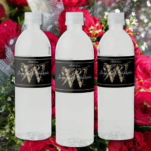 Étiquette Pour Bouteilles D'eau Classic Monogramme Nom Script B&W&G Chic Mariage