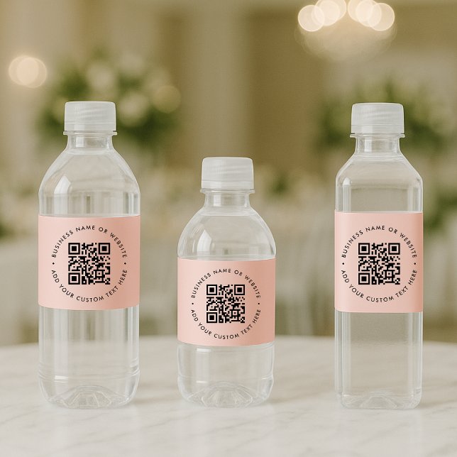 Étiquette Pour Bouteilles D'eau Code QR | Entreprise moderne Blush rond rose (Interactive editable QR code water bottle label wrap to promote your business, products or services.)