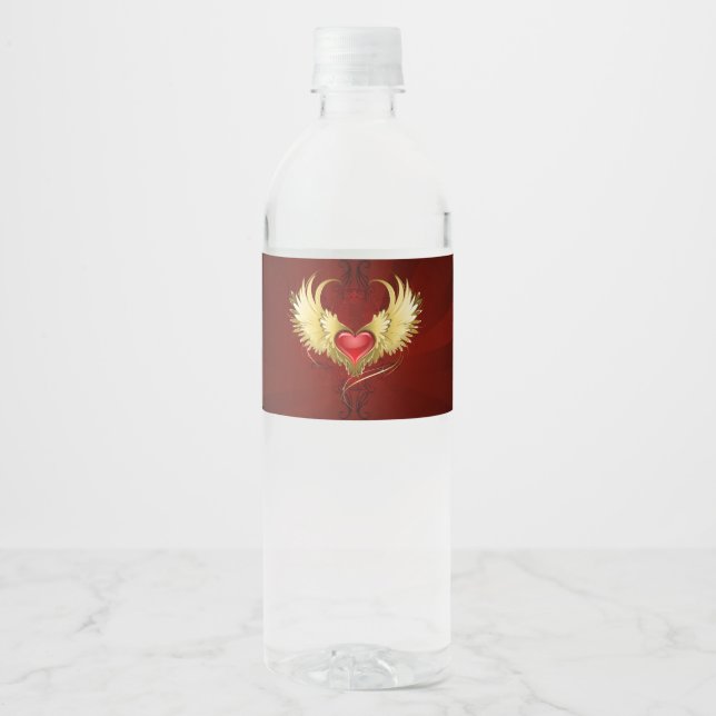 Étiquette Pour Bouteilles D'eau Coeur rouge avec ailes d'or (Devant)