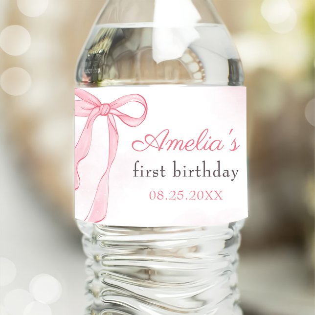 Étiquette Pour Bouteilles D'eau Coquette Aquarelle rose mignonne Bow Anniversaire (Créateur téléchargé)