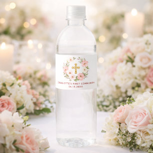 Étiquette Pour Bouteilles D'eau Couronne florale rose Première Communion