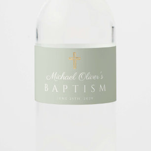 Étiquette Pour Bouteilles D'eau Croix Religieuse Vert Sauge Garçon Baptême