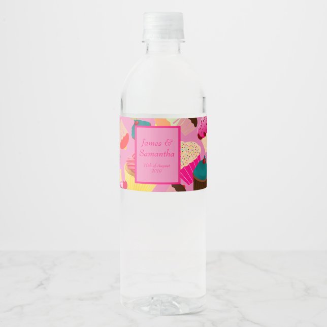 Étiquette Pour Bouteilles D'eau Cupcake rose vif - amusant (Devant)