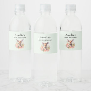 Étiquette Pour Bouteilles D'eau Cute Deer Entouré De Rose Anniversaire