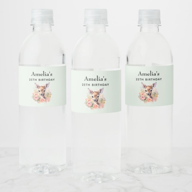 Étiquette Pour Bouteilles D'eau Cute Deer Entouré De Rose Anniversaire (Bouteilles)