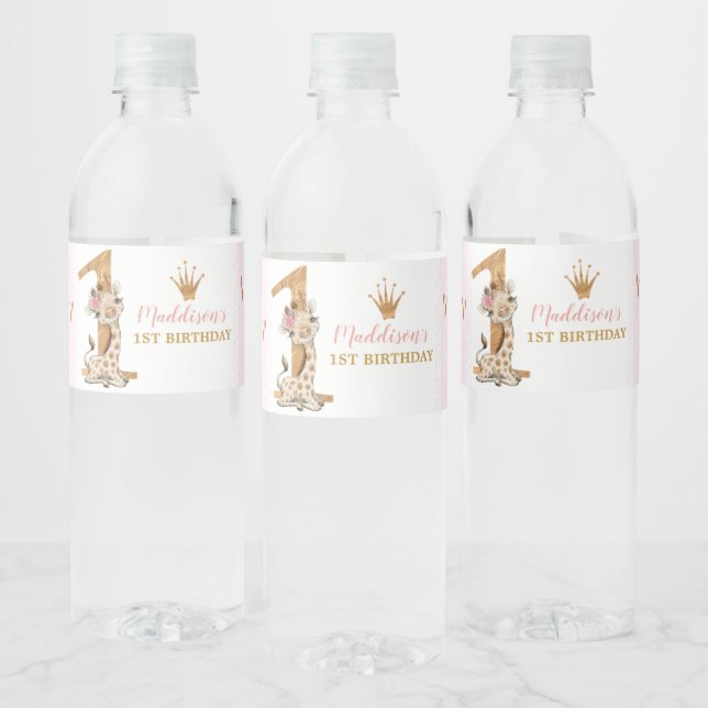 Étiquette Pour Bouteilles D'eau Cute Giraffe Princesse 1er anniversaire (Bouteilles)