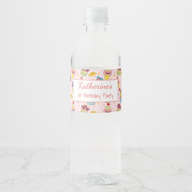 Étiquette Pour Bouteilles D'eau Cute Rose Kawaii Sweets Bonne 1ère fête d'annivers (Devant)