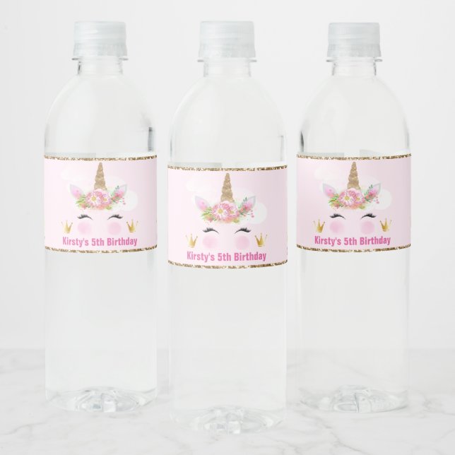 Étiquette Pour Bouteilles D'eau Cute Unicorn Visage & Parties scintillant Or Anniv (Bouteilles)