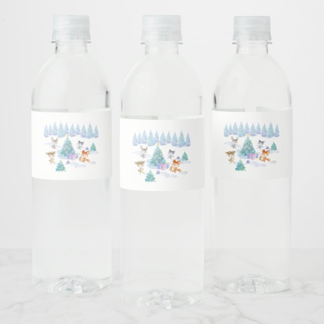 Étiquette Pour Bouteilles D'eau Danse Animaux de forêt Noël Aquarelle (Bouteilles)