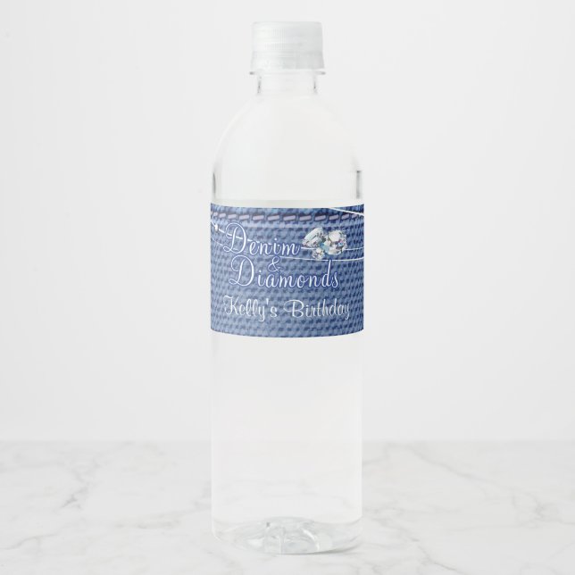 Étiquette Pour Bouteilles D'eau Denim et diamants (Devant)