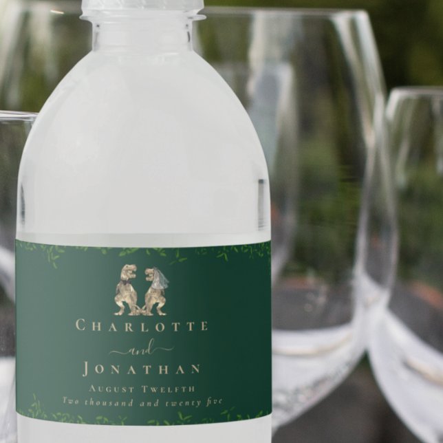 Étiquette Pour Bouteilles D'eau Dinosaur Thème Mariage Vert foncé (dark green Dinosaur wedding personalized water bottle labels Eucalyptus foliage T-Rex bride & groom )