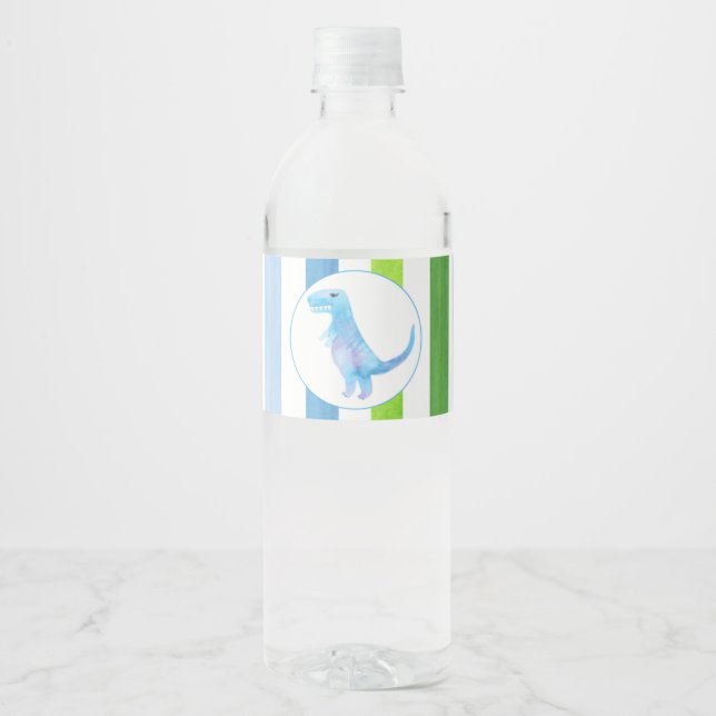 Étiquette Pour Bouteilles D'eau Dinosaure bleu avec rayures bleues et vertes (Devant)