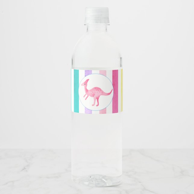 Étiquette Pour Bouteilles D'eau Dinosaure rose et rayures pastel (Devant)
