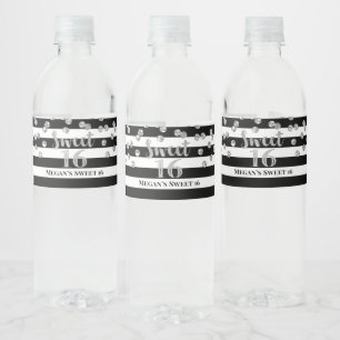 Étiquette Pour Bouteilles D'eau Doux 16 Anniversaires Argent Confetti Black Stripe