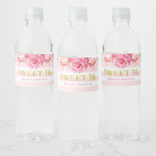 Étiquette Pour Bouteilles D'eau Doux 16 fleur rose or d'anniversaire