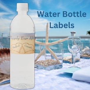 Étiquette Pour Bouteilles D'eau Dusty Blue Beach Wedding 2 Coeur Sand Monogramme