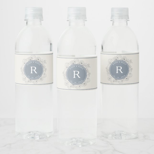 Étiquette Pour Bouteilles D'eau Dusty Blue Monogramme Mariage (Bouteilles)